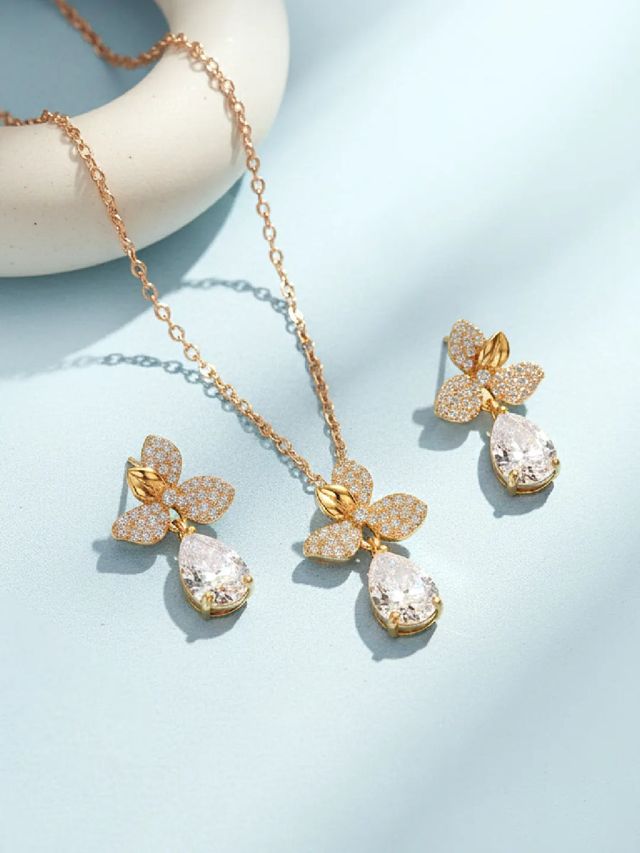 Blooming Gold CZ Floral Pendant Set