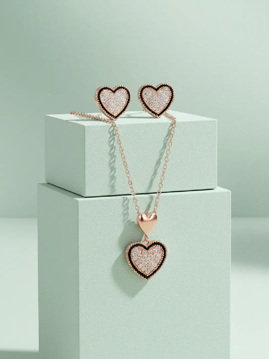 Charming Rose Gold CZ Heart Pendant Set