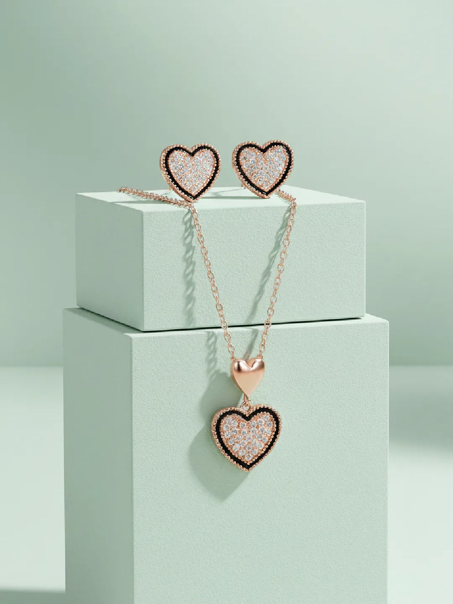 Charming Rose Gold CZ Heart Pendant Set