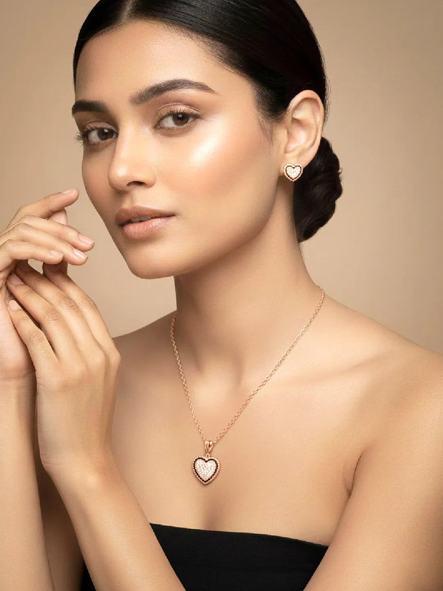 Charming Rose Gold CZ Heart Pendant Set