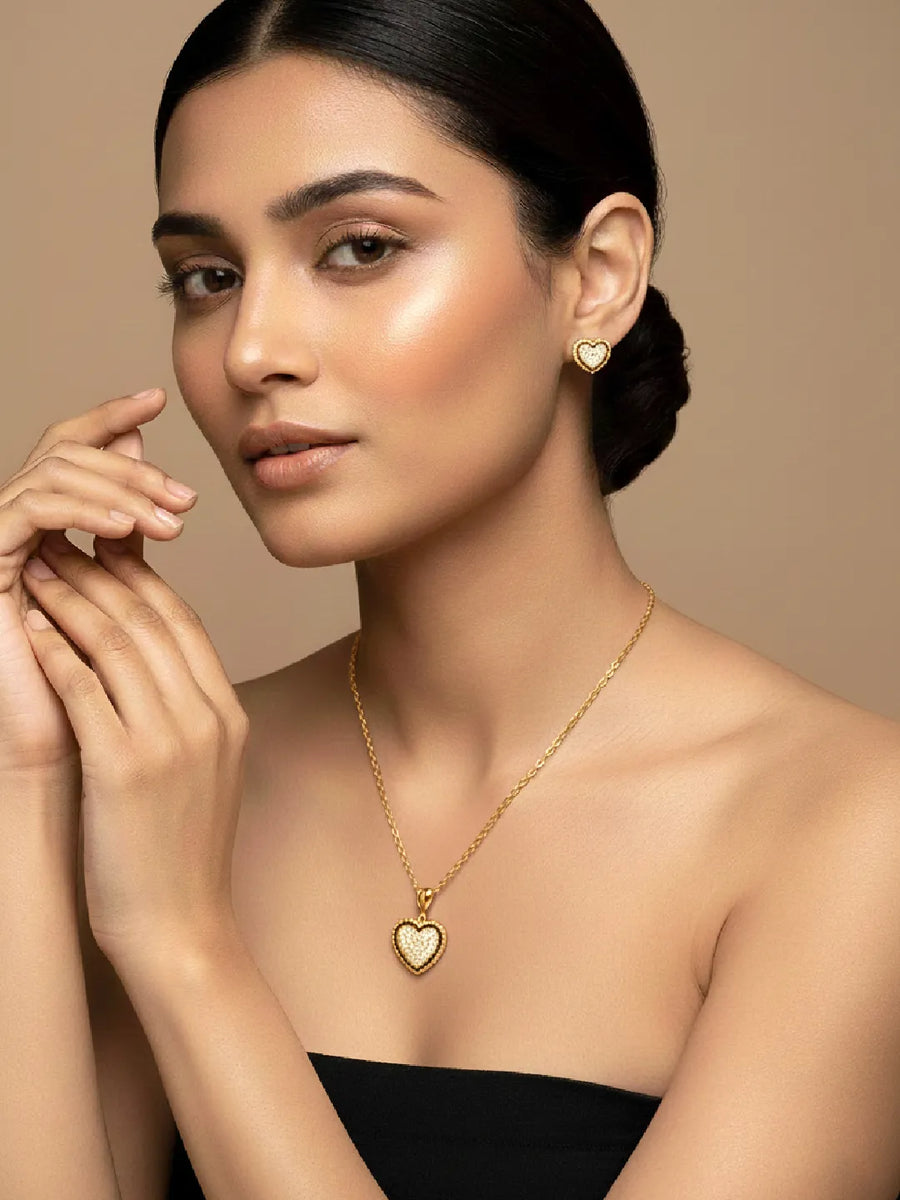 Charming Gold-Plated CZ Heart Pendant Set