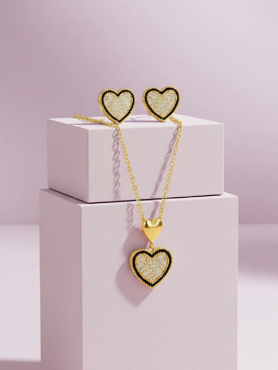 Charming Gold-Plated CZ Heart Pendant Set