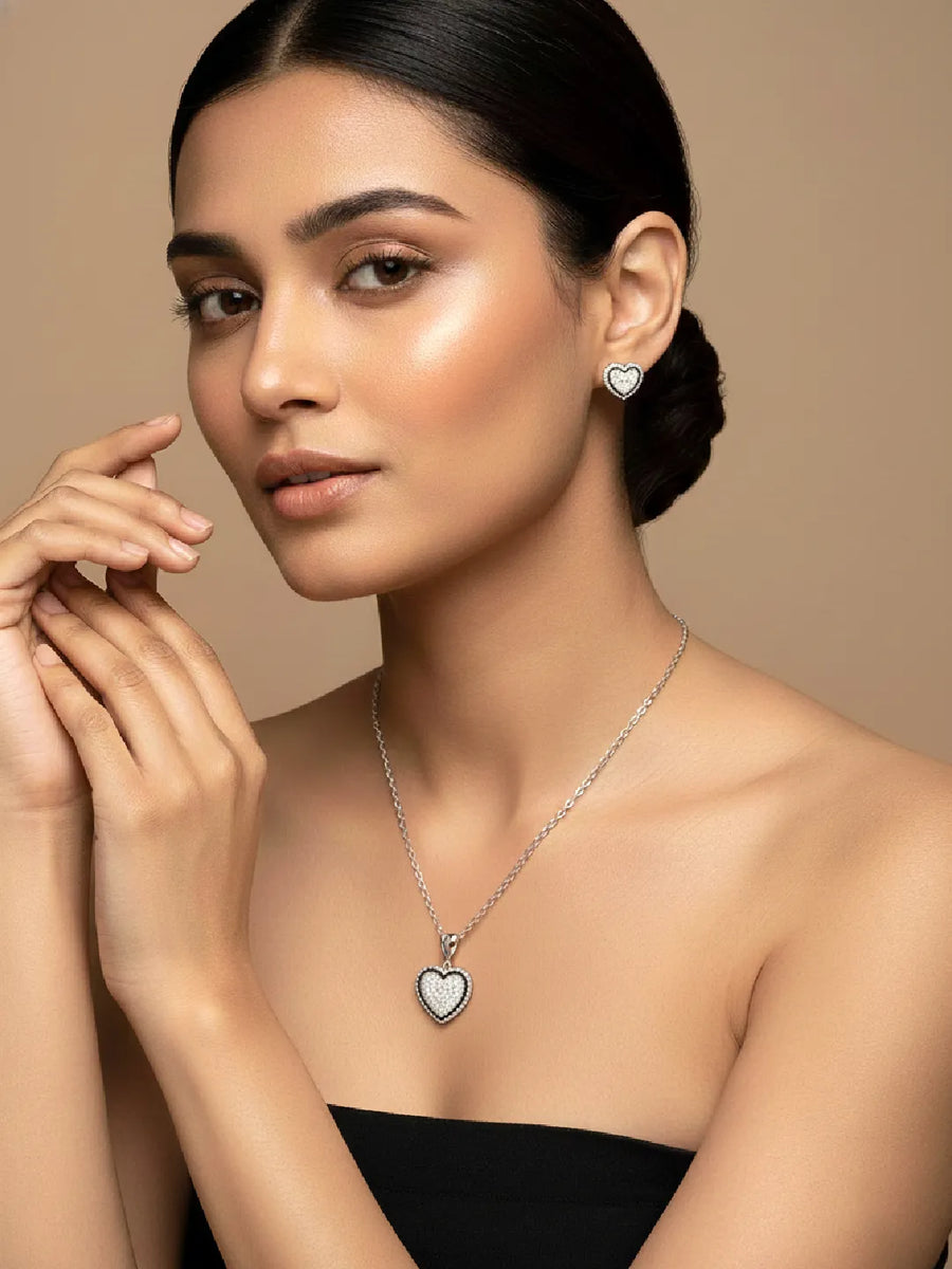 Charming Silver-Plated CZ Heart Pendant Set