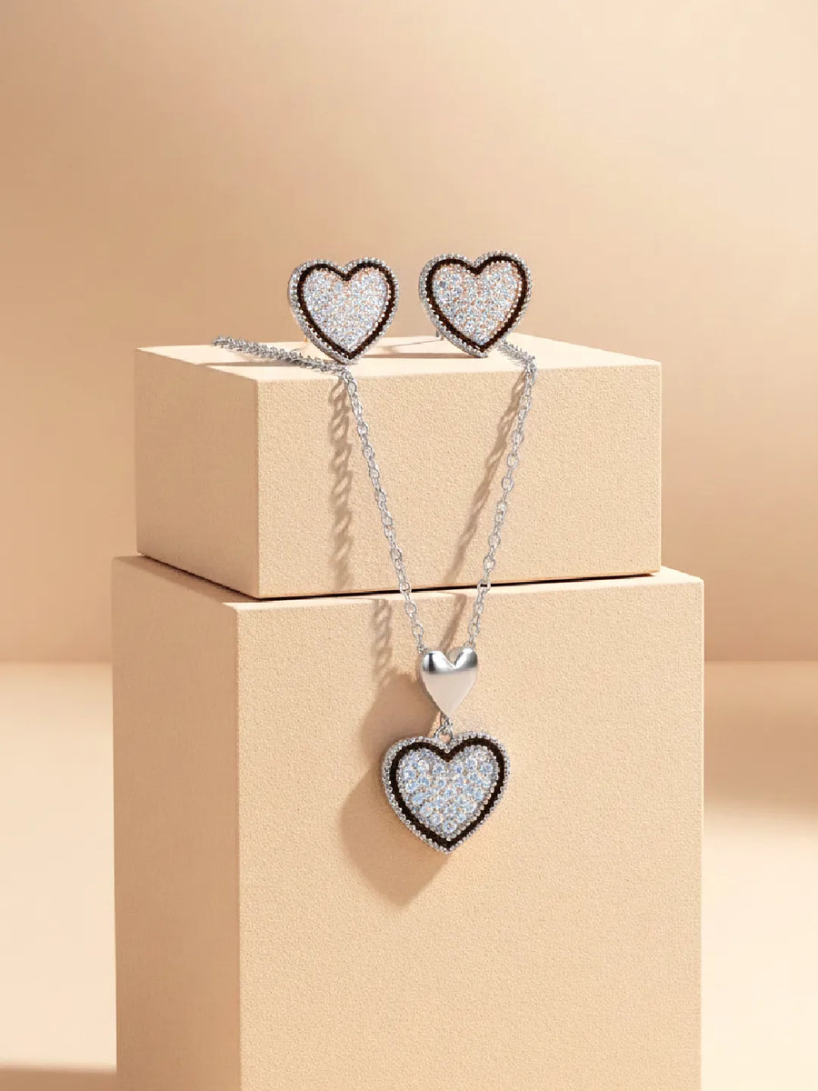 Charming Silver-Plated CZ Heart Pendant Set