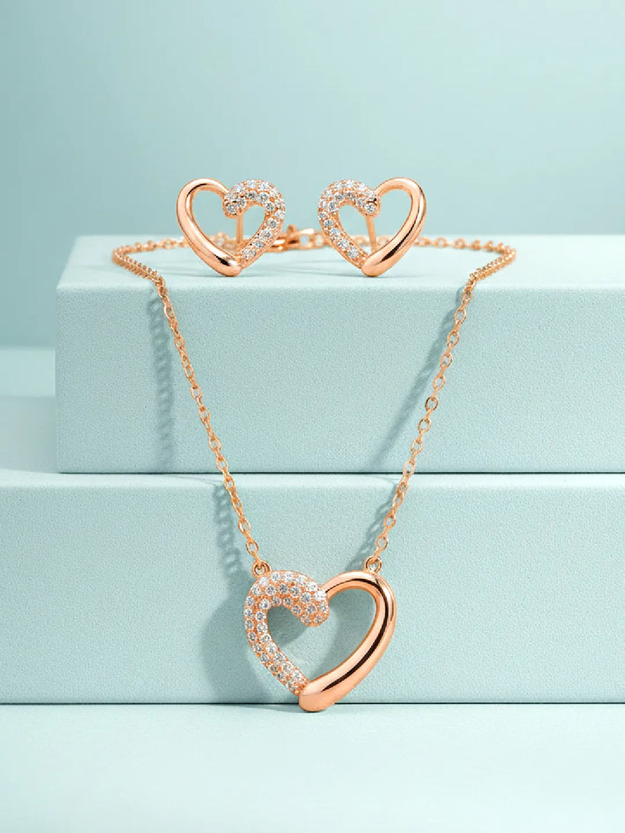 Dreamy Rose Gold CZ Heart Pendant Set