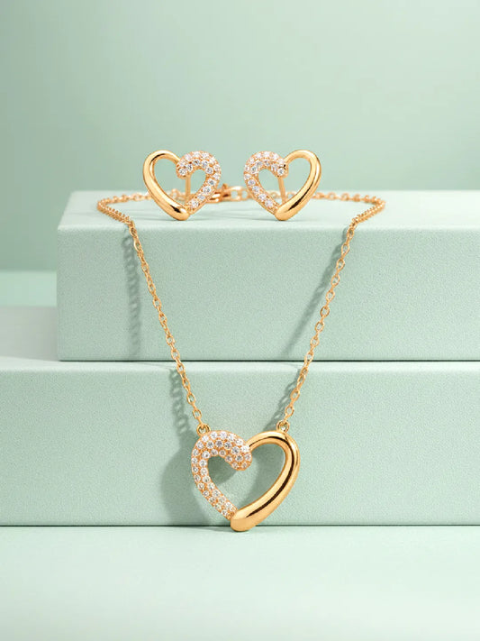 Dreamy Gold-Plated CZ Heart Pendant Set