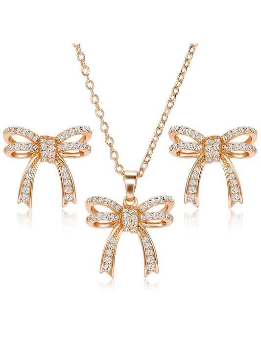 Dainty Rose Gold CZ Bow Pendant Set
