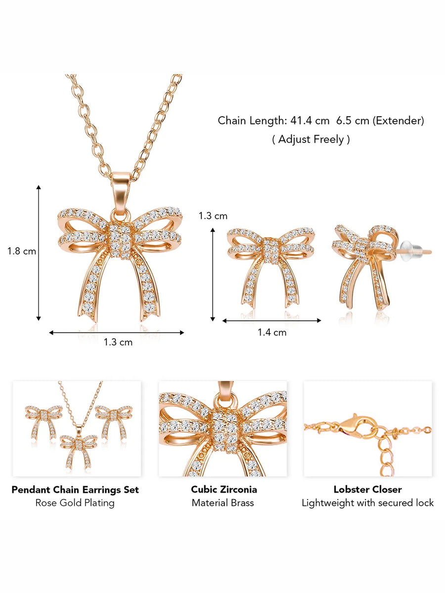 Dainty Rose Gold CZ Bow Pendant Set