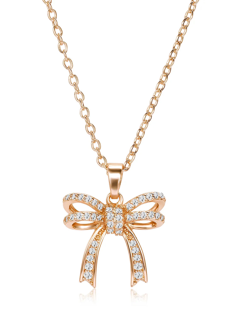 Dainty Rose Gold CZ Bow Pendant Set