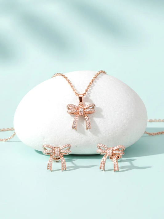 Dainty Rose Gold CZ Bow Pendant Set