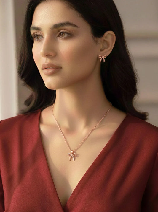 Dainty Rose Gold CZ Bow Pendant Set