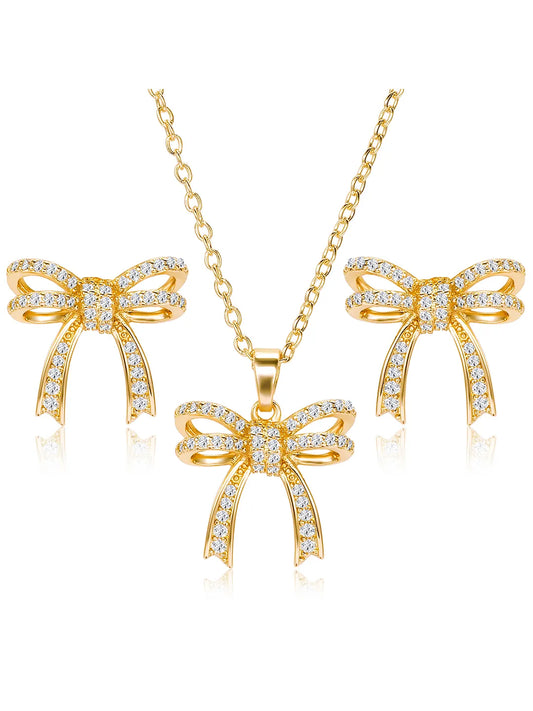 Dainty Gold-Plated CZ Bow Pendant Set