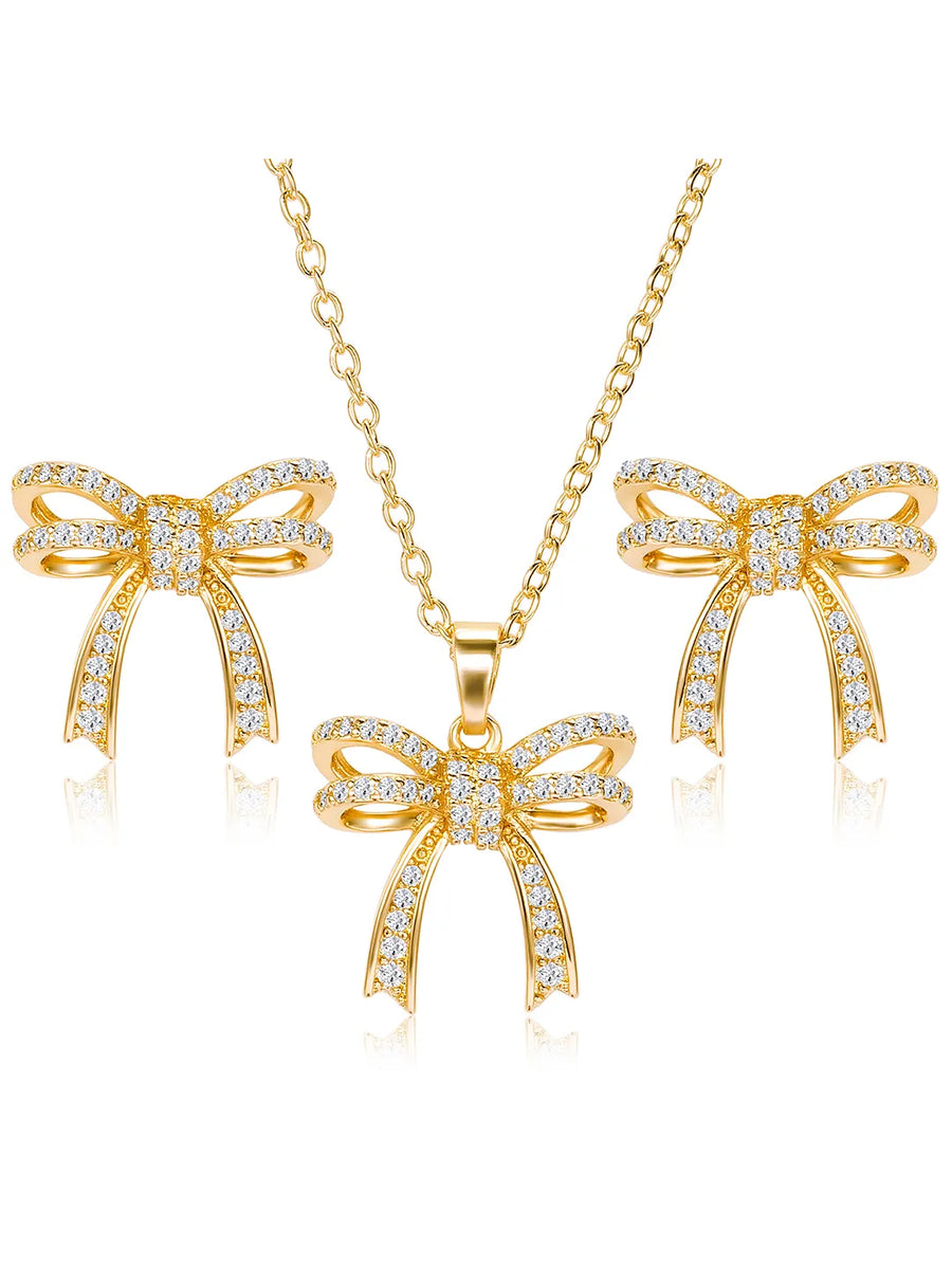 Dainty Gold-Plated CZ Bow Pendant Set