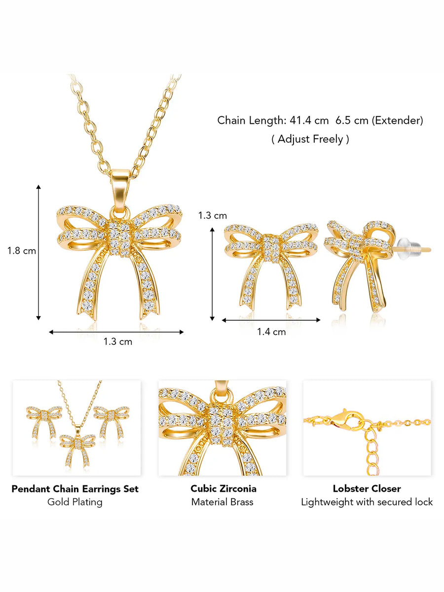 Dainty Gold-Plated CZ Bow Pendant Set