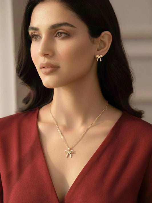 Dainty Gold-Plated CZ Bow Pendant Set