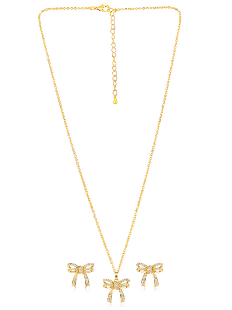 Dainty Gold-Plated CZ Bow Pendant Set