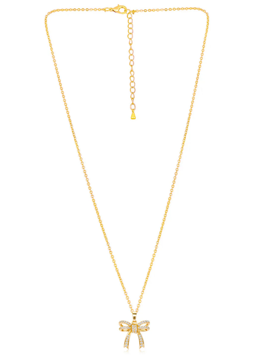 Dainty Gold-Plated CZ Bow Pendant Set