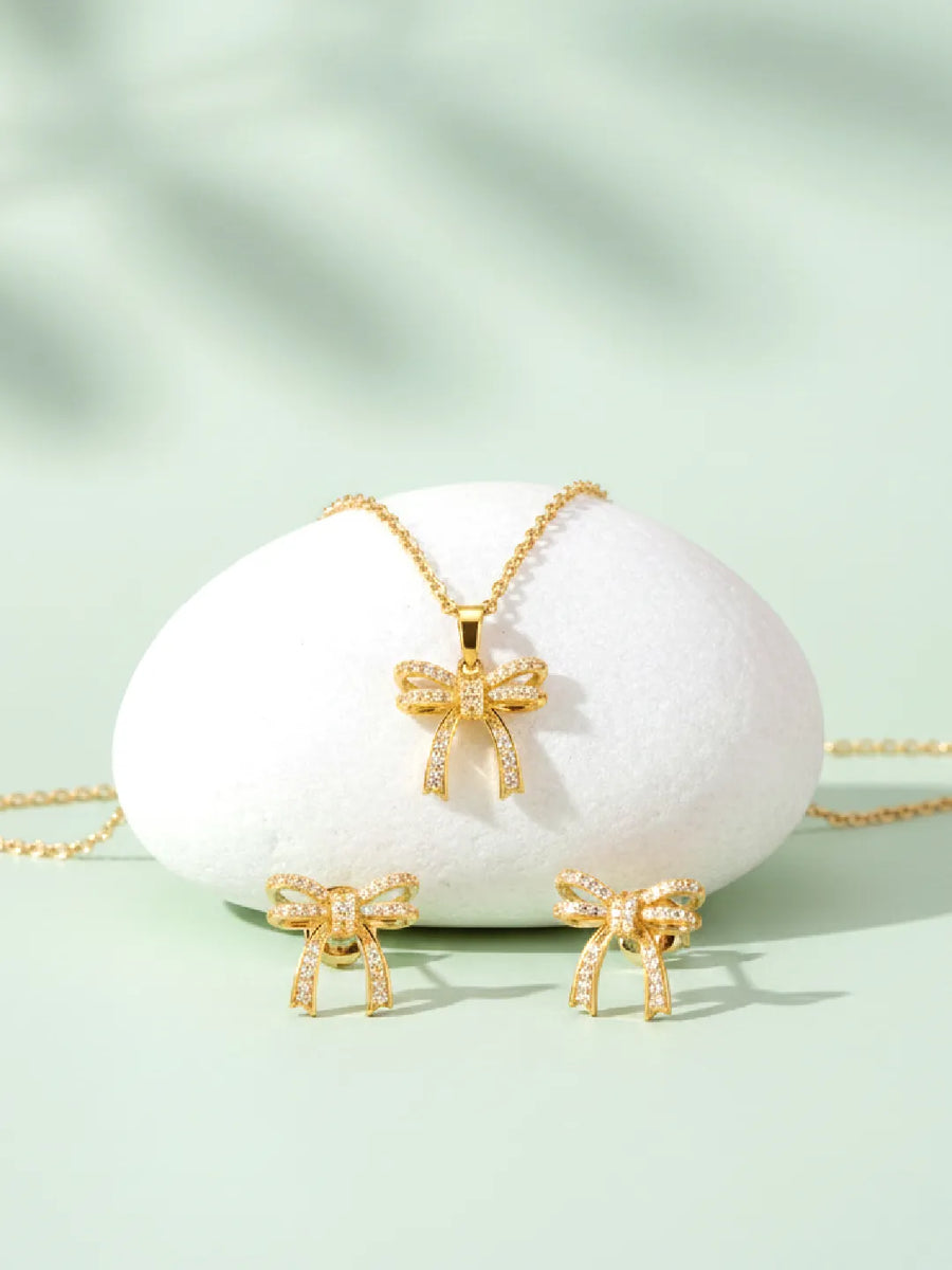 Dainty Gold-Plated CZ Bow Pendant Set