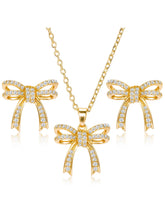 Dainty Gold-Plated CZ Bow Pendant Set