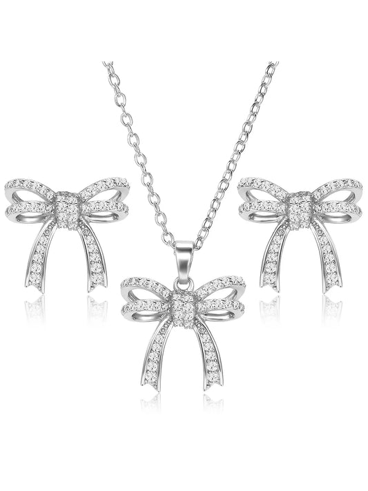 Dainty Silver-Plated CZ Bow Pendant Set