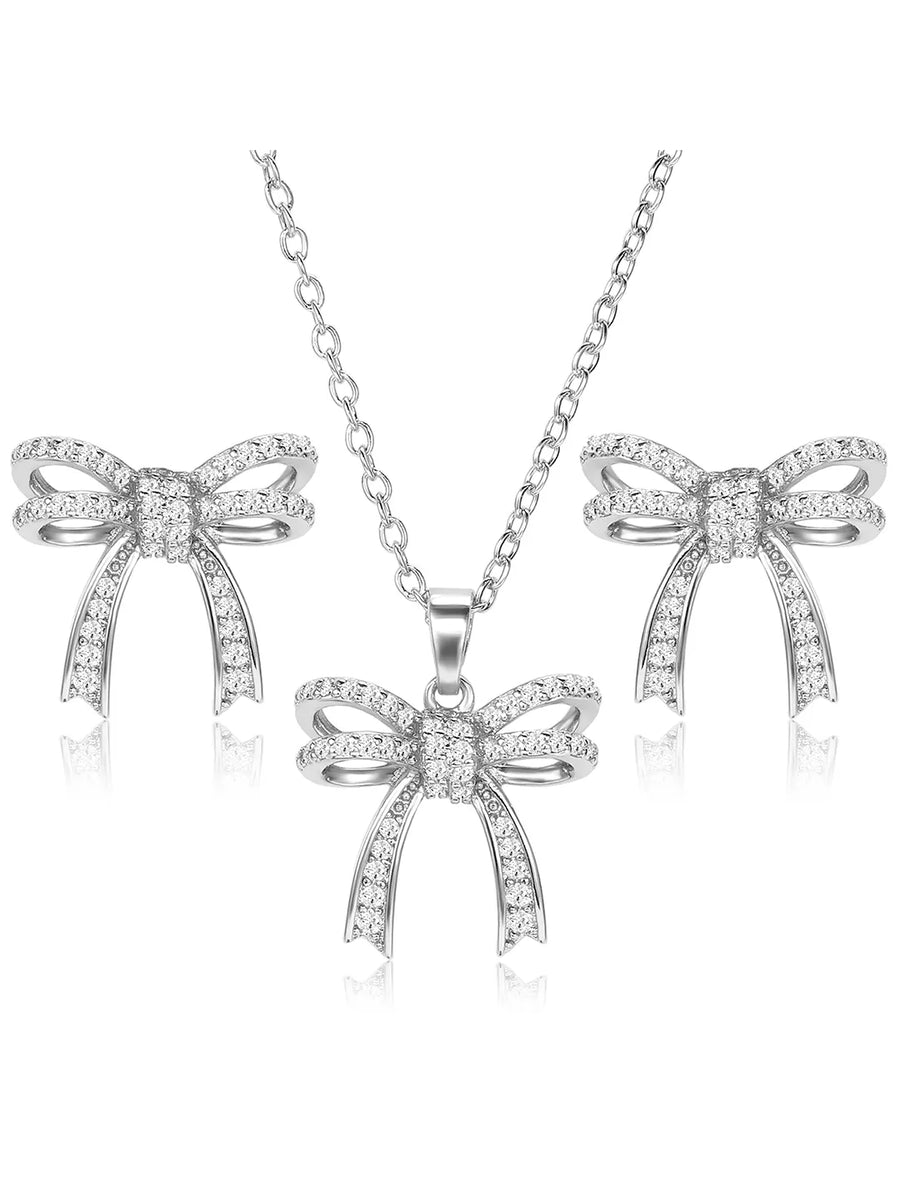 Dainty Silver-Plated CZ Bow Pendant Set