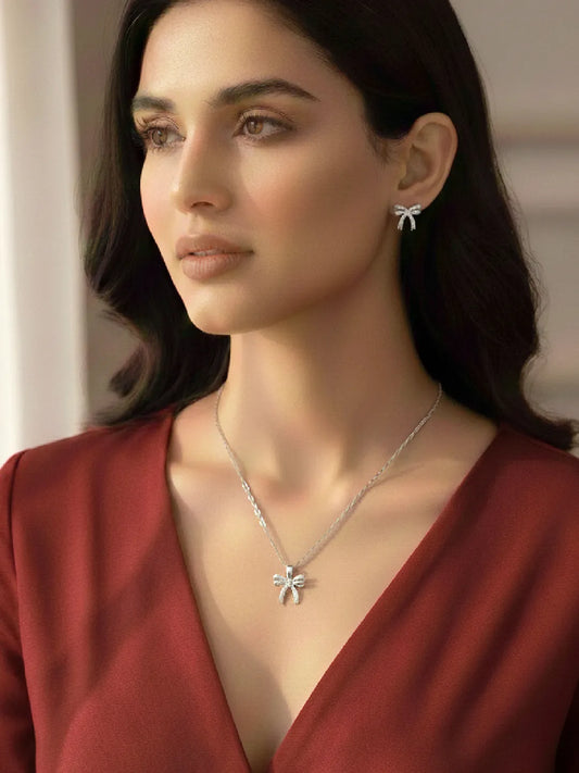 Dainty Silver-Plated CZ Bow Pendant Set