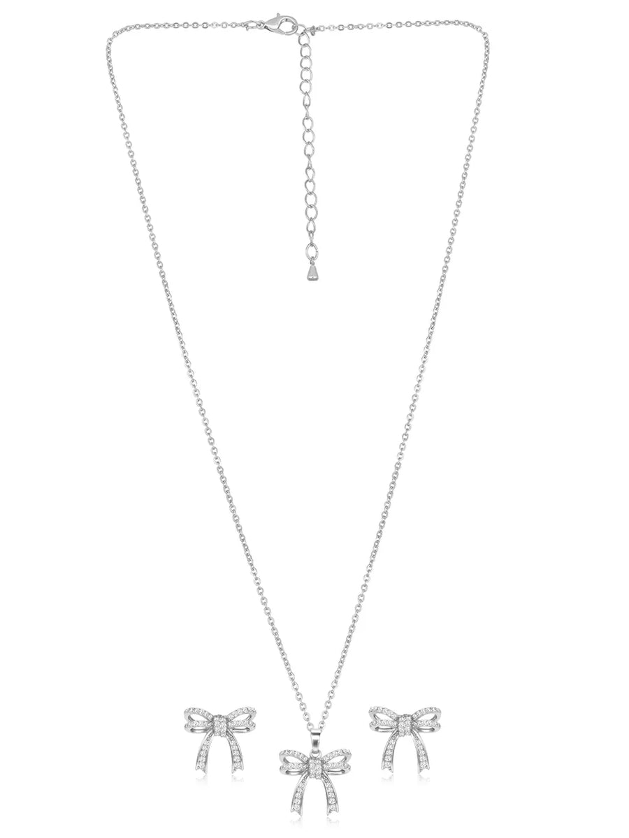 Dainty Silver-Plated CZ Bow Pendant Set