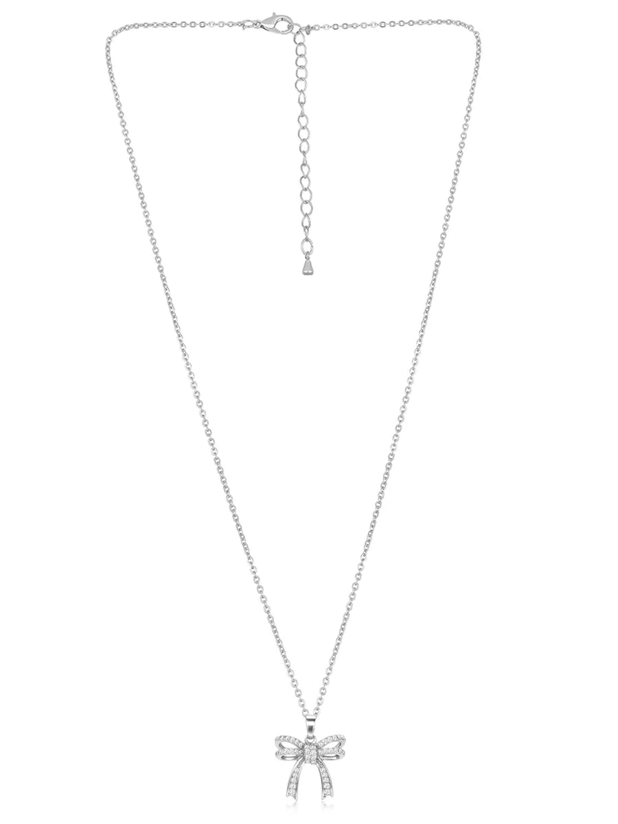 Dainty Silver-Plated CZ Bow Pendant Set