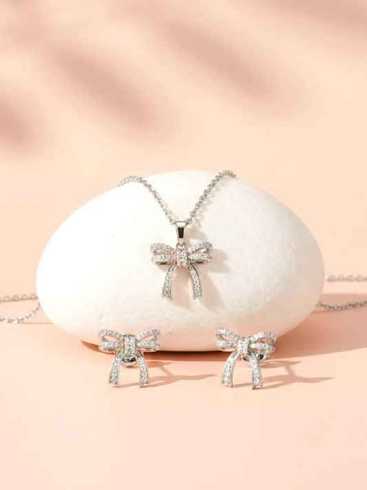 Dainty Silver-Plated CZ Bow Pendant Set