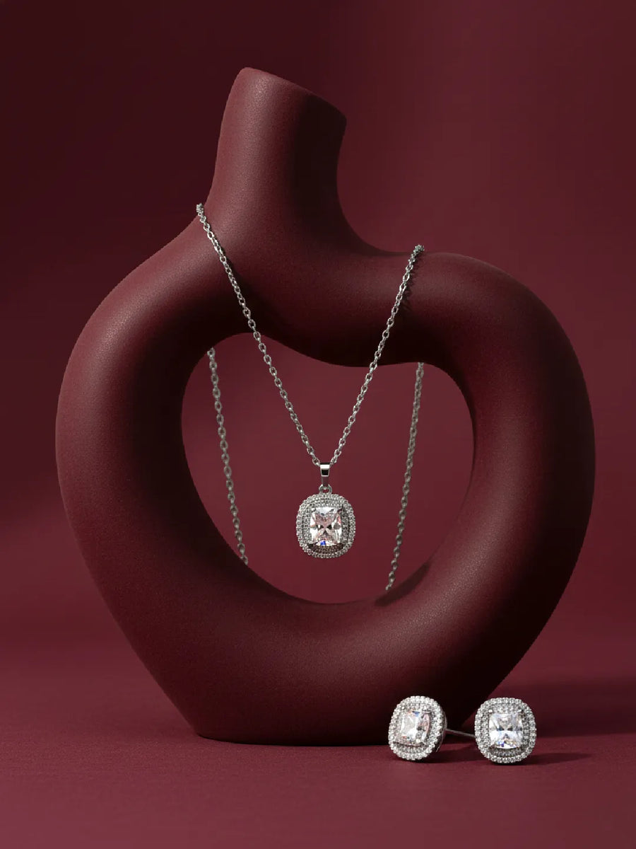 Luxe Silver-Plated CZ Cushion Pendant Set