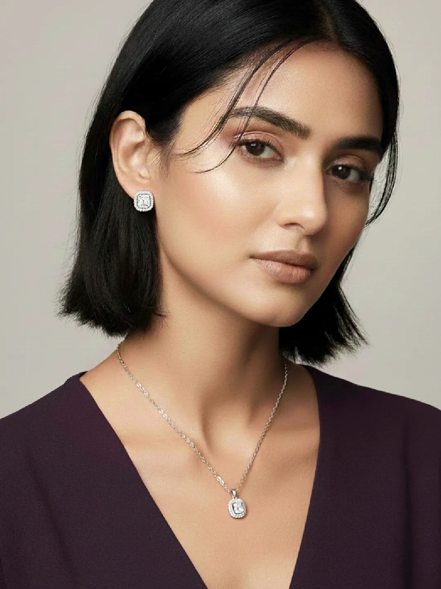 Luxe Silver-Plated CZ Cushion Pendant Set