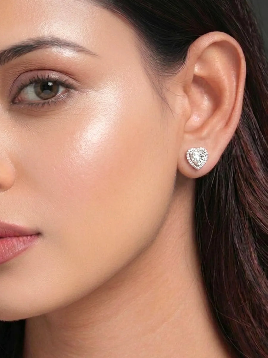 Peora Luxe CZ Heart Stud Earrings - Silver