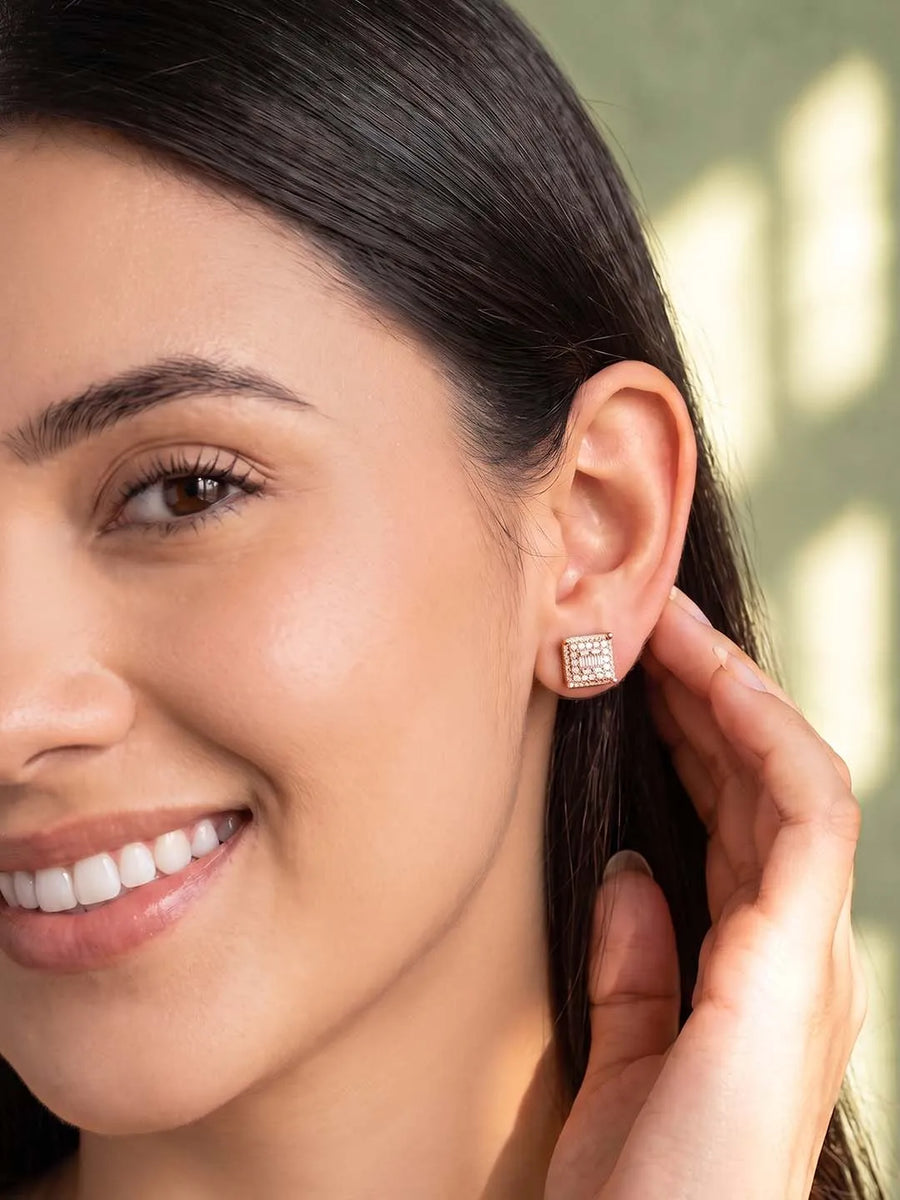 Peora CZ Square Stud Earrings - Rose Gold