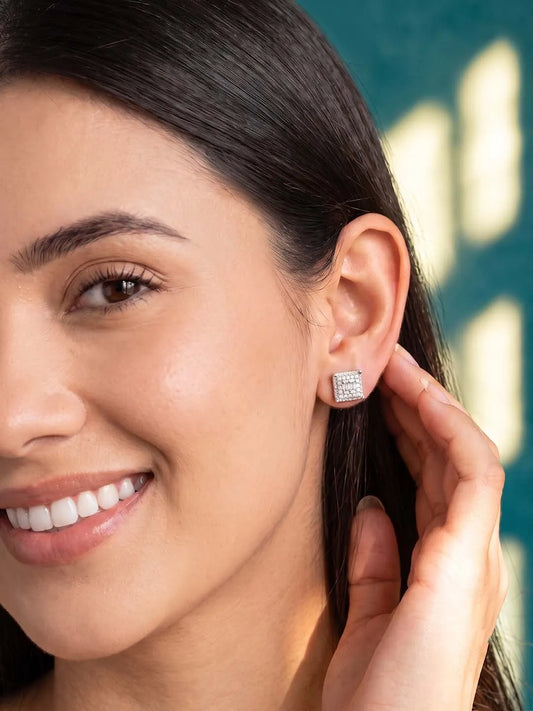 Peora CZ Square Stud Earrings - Silver