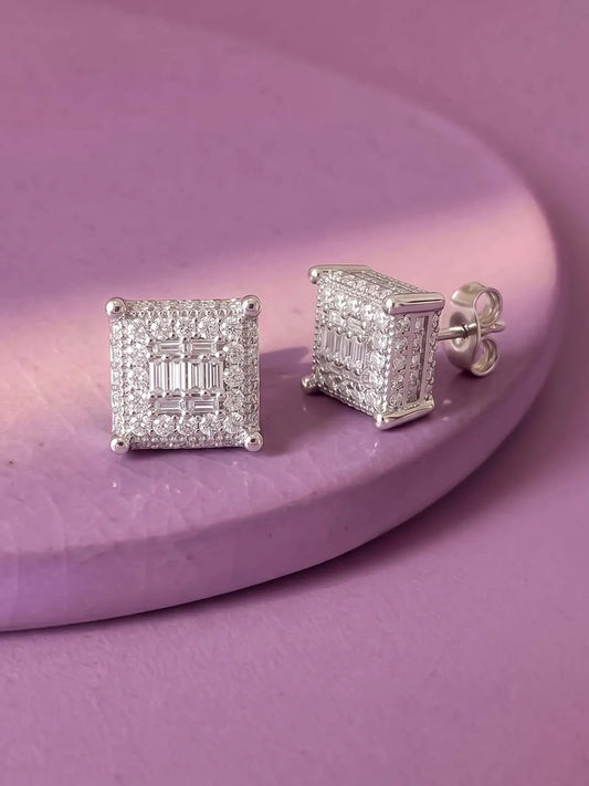 Peora CZ Square Stud Earrings - Silver