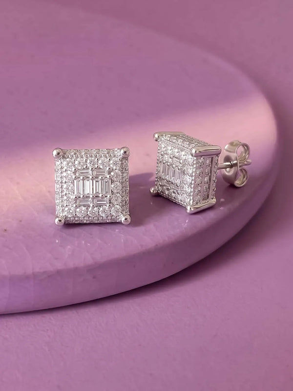 Peora Rhodium Plated CZ Square Stud Earrings