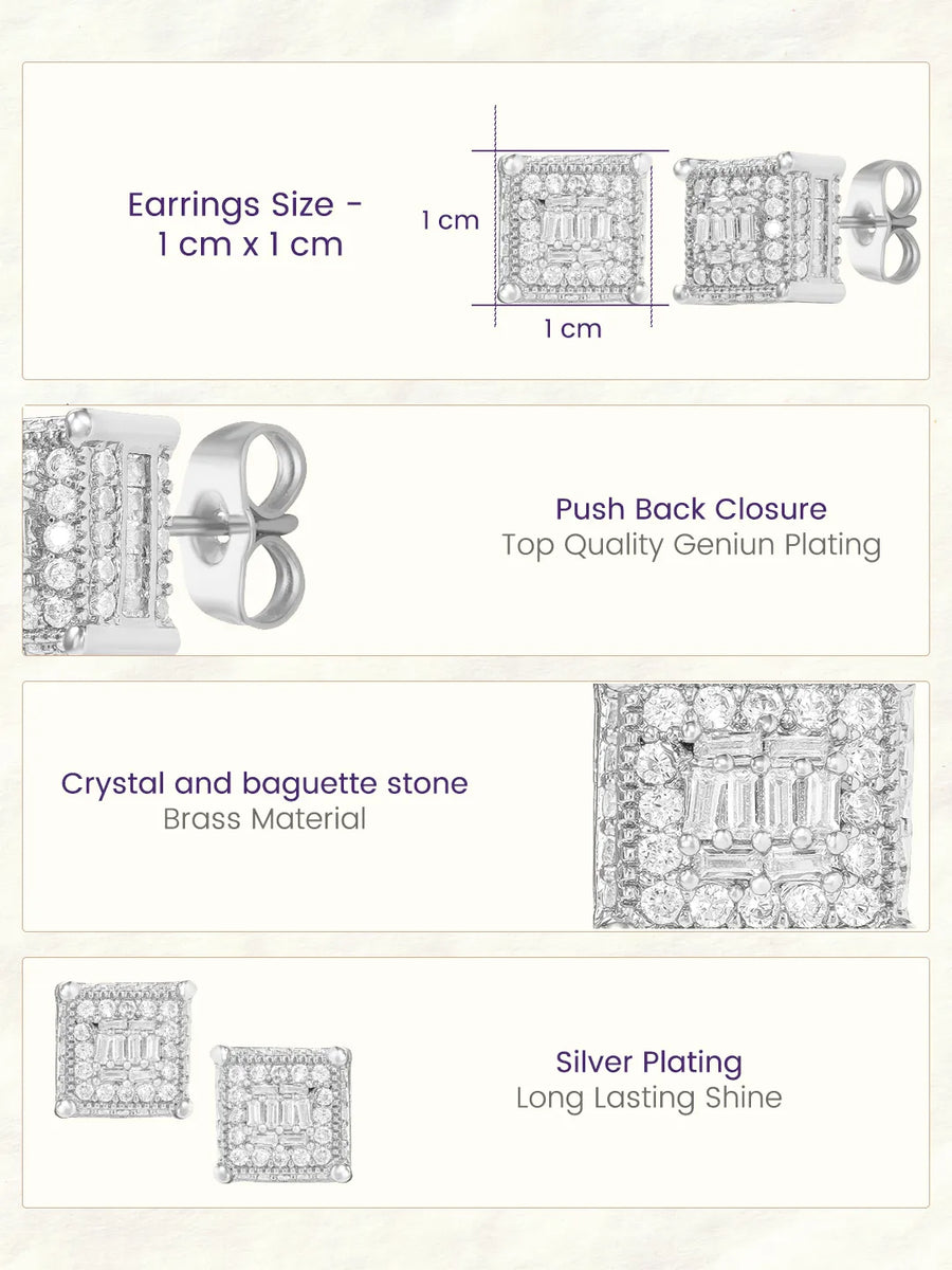 Peora CZ Square Stud Earrings - Silver