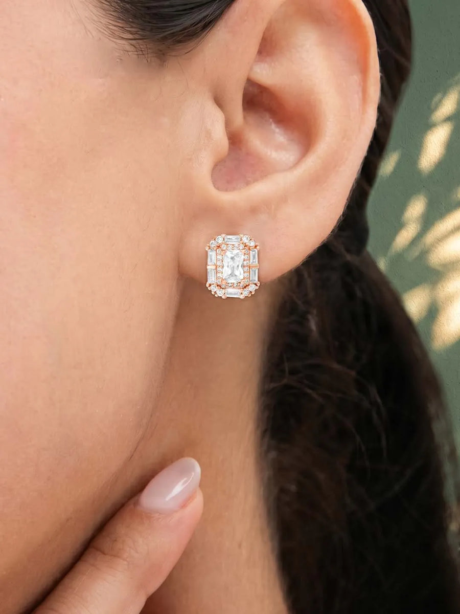Peora Square CZ Stud Earrings - Rose Gold