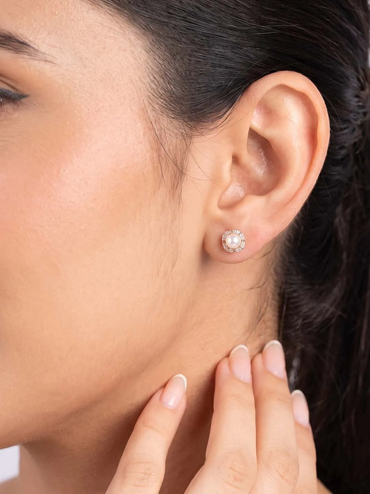Peora Pearl Halo Stud Earrings - Rose Gold