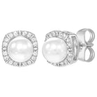 Peora Rhodium Plated Pearl Halo Stud Earrings