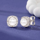 Peora Rhodium Plated Pearl Halo Stud Earrings