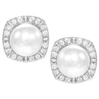 Peora Rhodium Plated Pearl Halo Stud Earrings