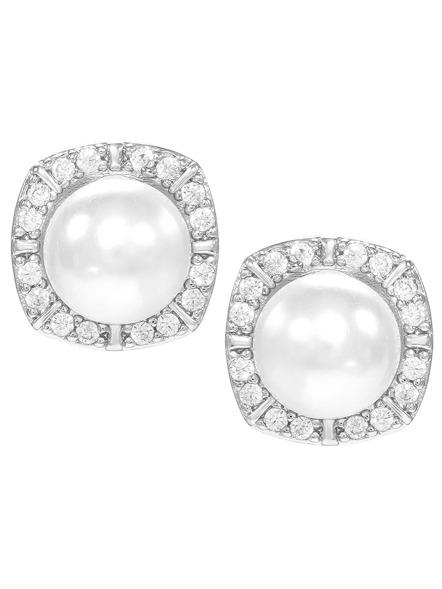Peora Pearl Halo Stud Earrings - Silver
