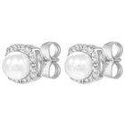 Peora Rhodium Plated Pearl Halo Stud Earrings