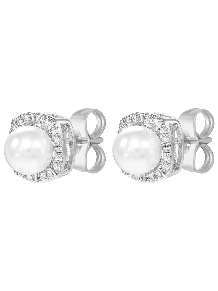 Peora Pearl Halo Stud Earrings - Silver