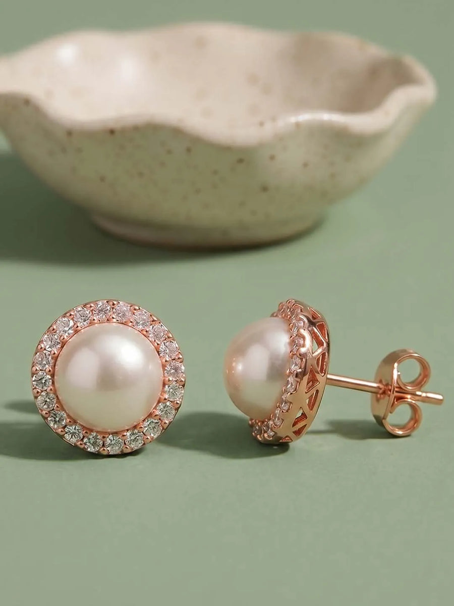 Peora Pearl Stud Earrings - Rose Gold