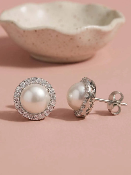 Peora Pearl Stud Earrings - Silver