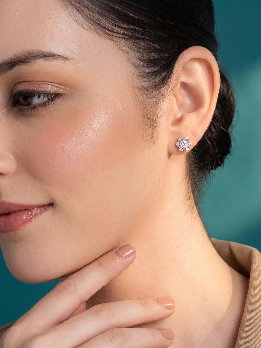 Peora Floral Crystal Stud Earrings - Silver