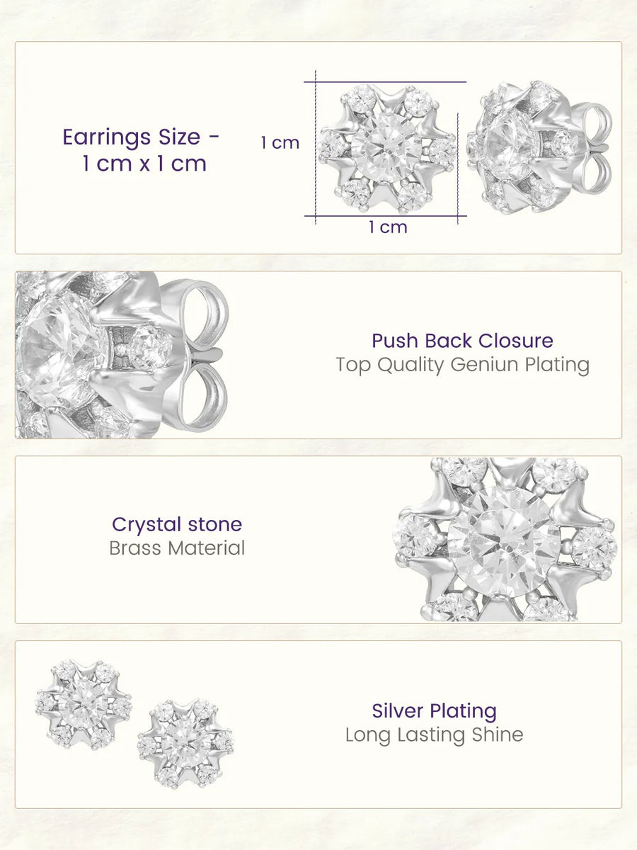 Peora Floral Crystal Stud Earrings - Silver
