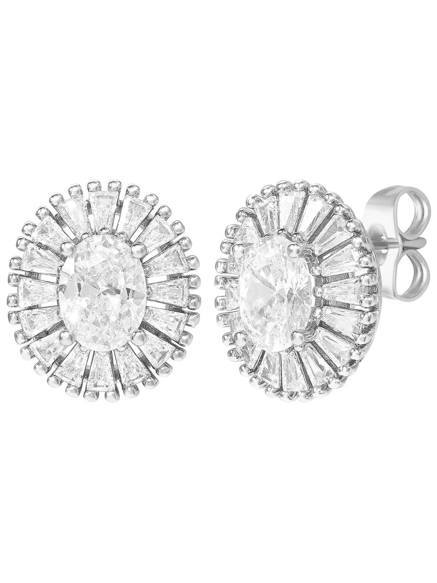 Peora Sunburst CZ Stud Earrings - Silver